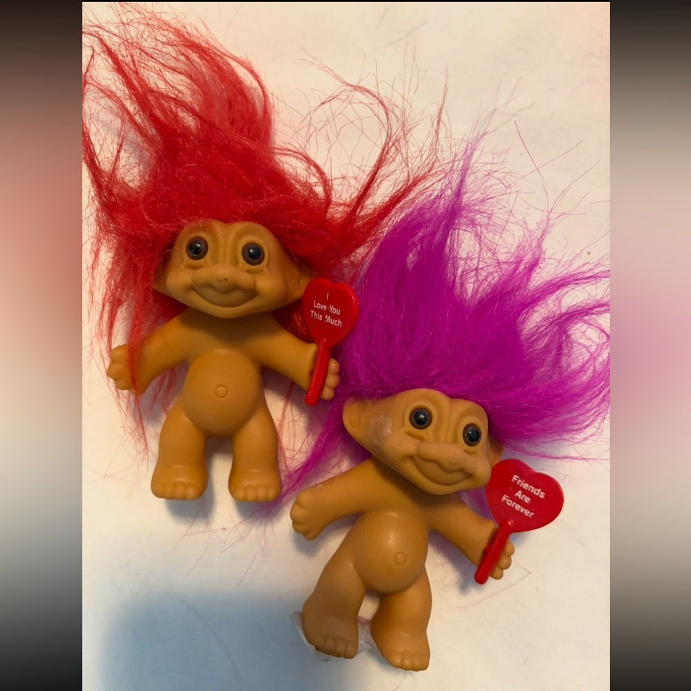 Vintage Troll Doll Lot (2) – Red & Purple Hair Heart Sign Trolls – 1990s